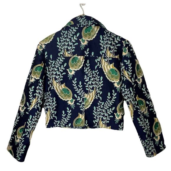 ASOS Blue Green Peacock Jacquard Biker Jacket Artsy Boho Art To Wear US Sz 4 - Picture 5 of 16